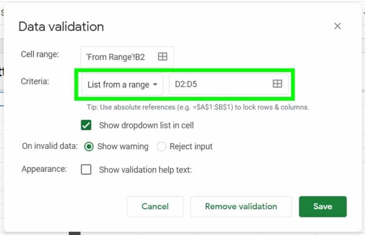 Creating a drop down in Google Sheets, data validation menu with list ...