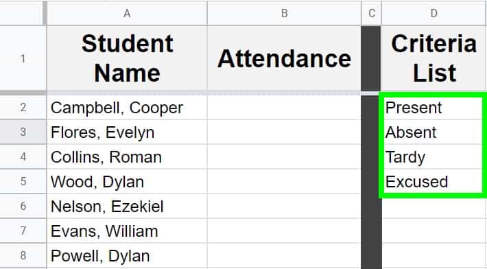 Example of creating a drop-down in Google Sheets example before creating drop down with criteria listed in a range (List from a range)