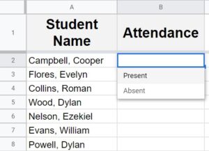 Example of creating a drop-down menu in Google Sheets. Clicking to open the drop-down menu, and hovering the cursor over the first selection