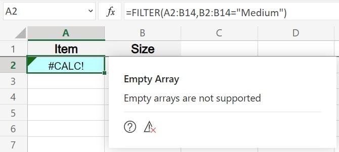 Example of "Empty Array" message when filter formula has a circular reference in Excel (Empty arrays are not supported error)