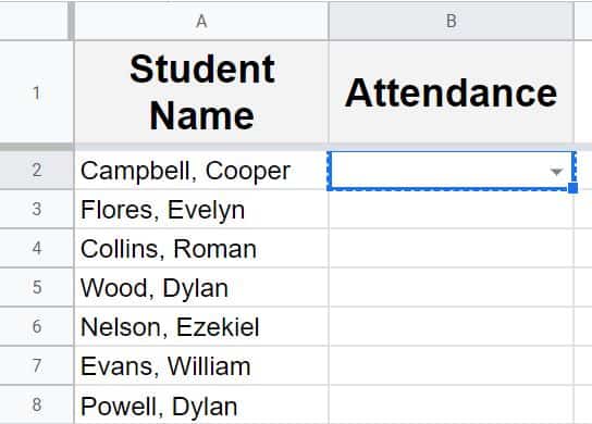 An example of copying a drop-down to another cell and down the column in Google Sheets, a copied cell with data validation