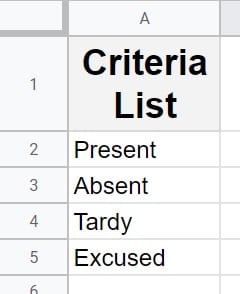 An example of data validation criteria listed on another sheet in Google Sheets
