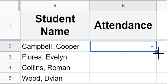 An example of using the fill handle to copy a drop-down into another cell and into the entire column in Google Sheets (Using autofill to copy data validation)