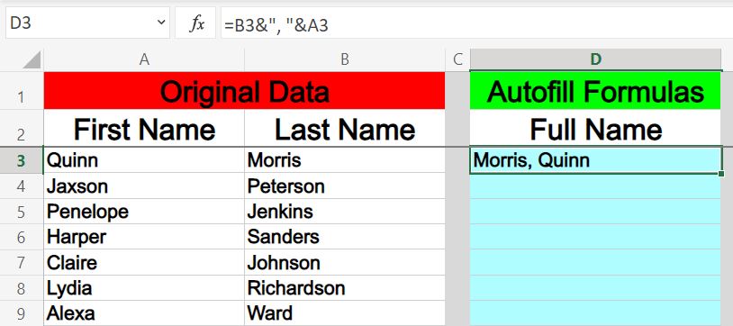Example of filling a column with a formula in Excel using & operator- Part 1 before fill down (Copying formulas in Excel)
