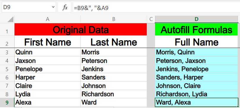 An example of filling a column with formula in Excel using & operator- Part 2 after fill down