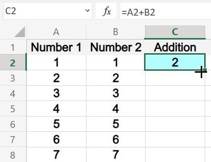 Example of using the Excel fill handle, showing cursor- Example with addition formula