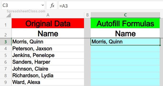 Example of how to fill down a formula that refers to a cell in another column in Excel- Part 1 before fill down