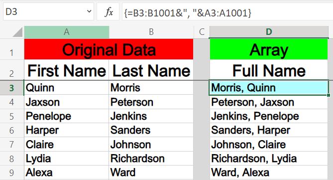 Example of how to combine first and last name with an array in Excel (Combine columns horizontally)