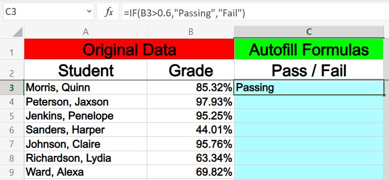 An example of how to copy a formula to an entire column in Excel- (Using IF function)- Part 1 before fill down