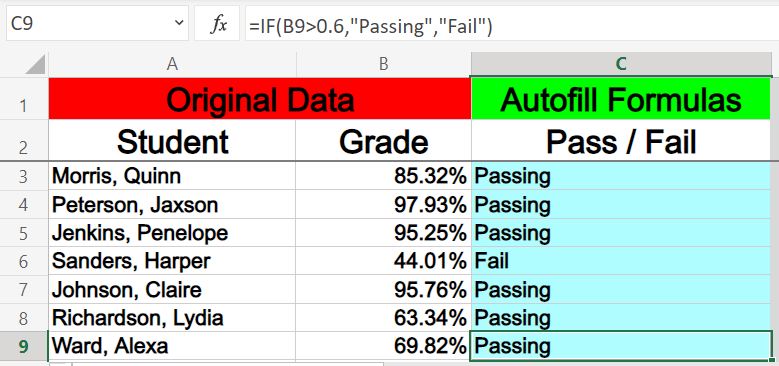 An example of how to copy a formula to an entire column in Excel- (Using IF function)- Part 2 after fill down