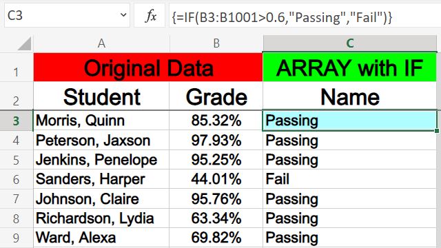 An example of how to extend a formula in Excel by using an array with the IF function
