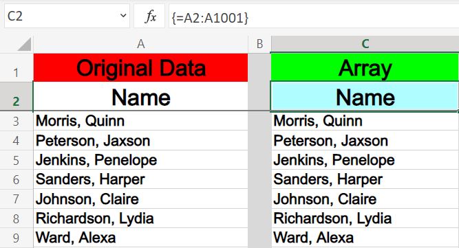 An example of how to refer to a column with an array formula in Excel