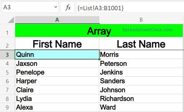 Example of how to refer to data on another sheet with an array formula in Excel- Destination data tab