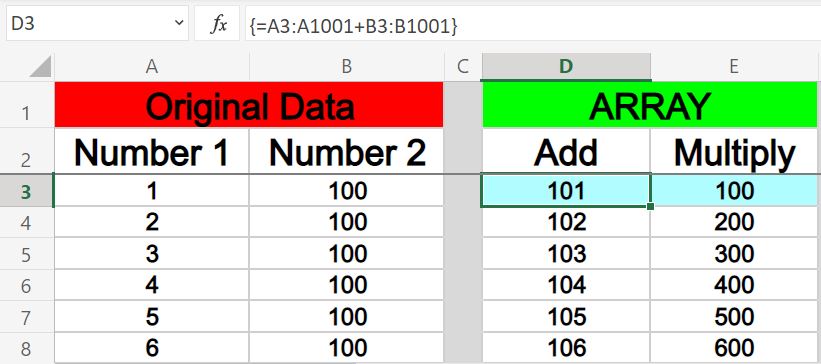 Example of how to sum or multiply multiple columns in Excel by using an array formula with addition and multiplication