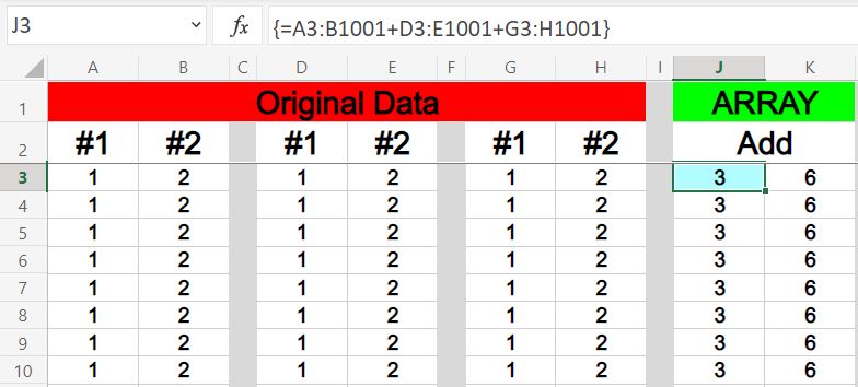 An example of how to sum tables by using an array formula in Excel