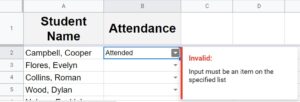 Example of "Input must be an item on the specified list" warning in Google Sheets, when invalid data is entered into a drop-down with data validation, when show warning is selected