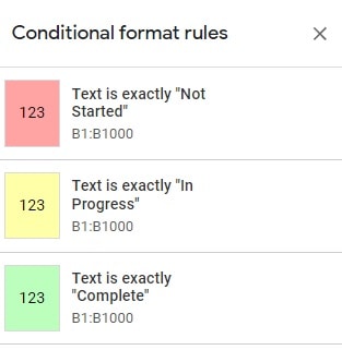 Example of multiple conditional format rules in Google Sheets to color code drop-downs