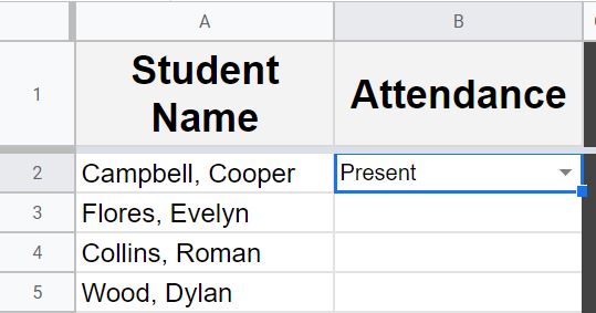 Example of removing a drop-down and data validation in Google Sheets, before removing drop-down