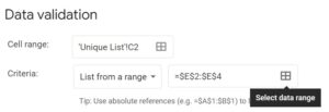 Example of select a data range button in the data validation menu in Google Sheets