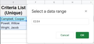 Example of selecting a data range when specifying the range to list from for data validation drop-down in Google Sheets