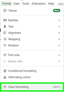 Example of using clear formatting to remove a drop-down and data validation in Google Sheets
