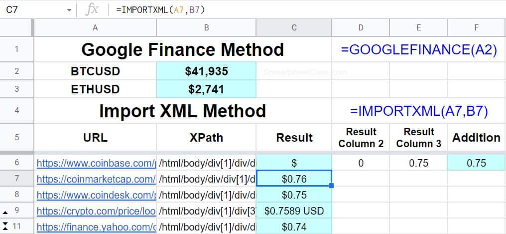 An example of how to pull crypto prices in Google Sheets with GOOGLEFINANCE and IMPORTXML methods combined in one image, with multiple website examples