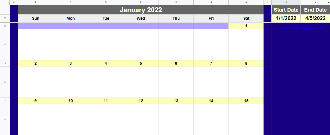Example of the full sized monthly calendar template automatic version in Google Sheets