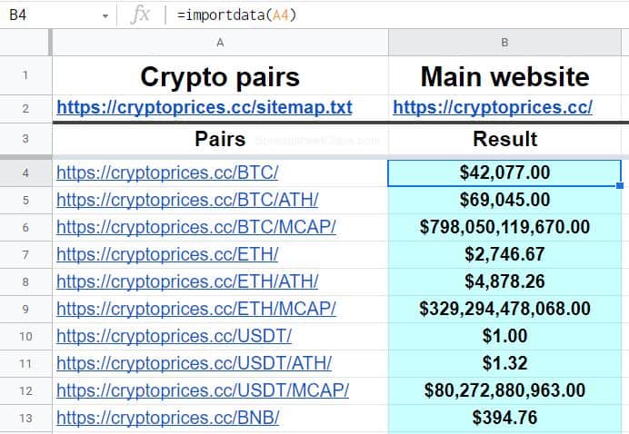 An example of how to pull crypto prices in Google Sheets with IMPORTDATA