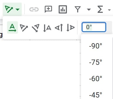 Example of the custom angle text rotation menu in Google Sheets