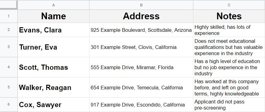 An example of data before freezing rows and columns in Google Sheets