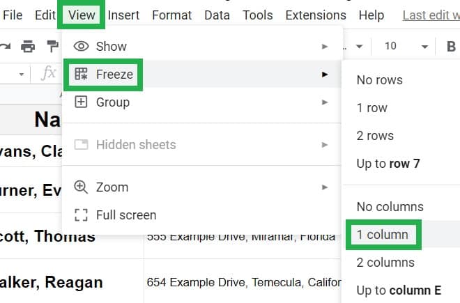An example of how to freeze a single column in Google Sheets demonstration of where to click