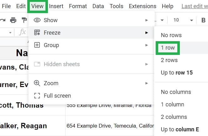 An example of how to freeze a single row in Google Sheets demonstration of where to click