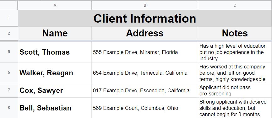 An example of how to freeze two rows or two columns in Google Sheets after freezing two rows or two columns