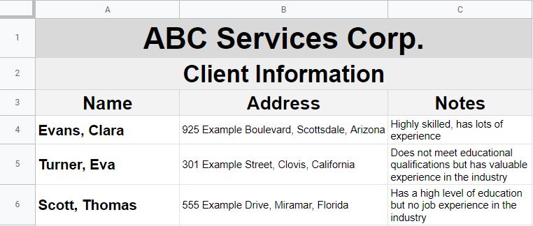 An example of unfrozen rows and unfrozen columns in Google Sheets