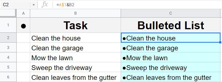 An example of how to combine existing text in a column with bullet points by using the & operator and a bullet point character in Google Sheets