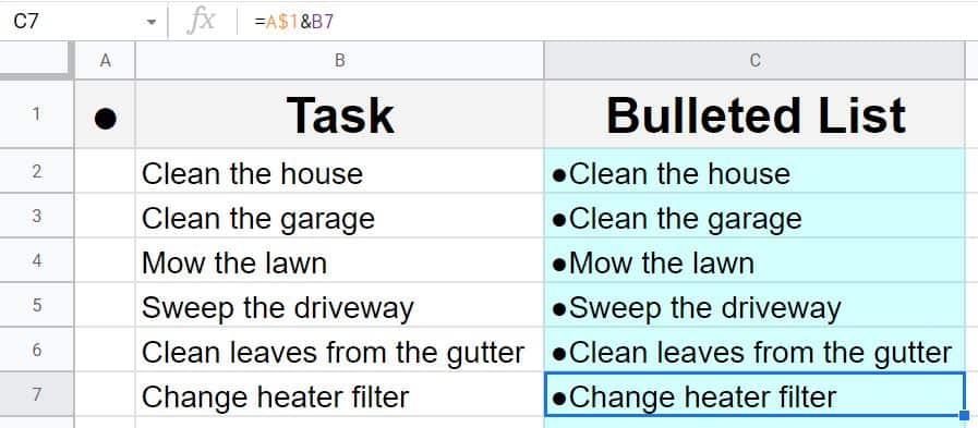 An example of how to copy bullet points by either copying and pasting or using the fill handle to autofill in Google Sheets