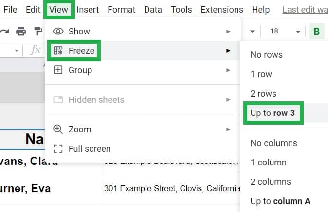 An example of how to freeze more than two rows or more than two columns in Google Sheets demonstration of where to click