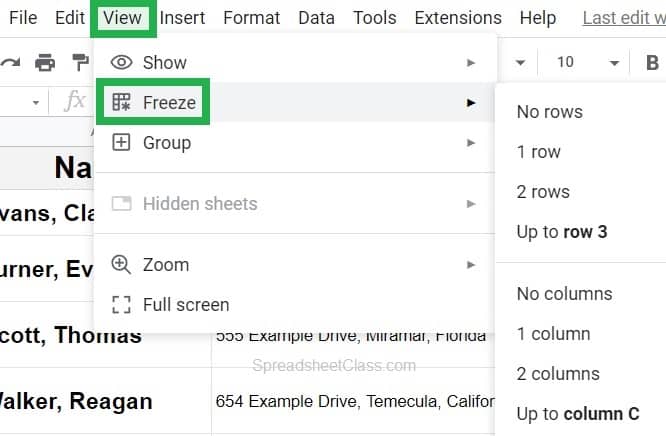 An example of how to freeze rows and columns in Google Sheets with the view menu method