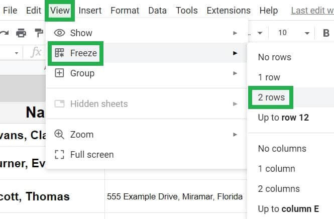 An example of how to freeze two rows or two columns in Google Sheets demonstration of where to click