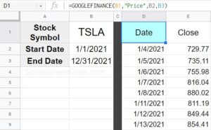 Example of how to get historical stock prices (daily) with the GOOGLEFINANCE function in Google Sheets