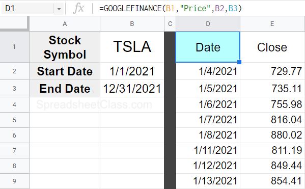 Example of how to get historical stock prices (daily) with the GOOGLEFINANCE function in Google Sheets