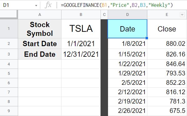 Example of how to get historical stock prices (weekly) with the GOOGLEFINANCE function in Google Sheets