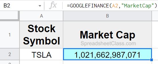 Example of how to get real time market cap of a stock with the GOOGLEFINANCE function in Google Sheets