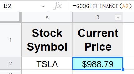 Example of how to get real time stock price with the GOOGLEFINANCE function in Google Sheets