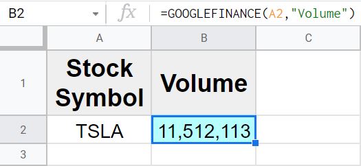 Example of how to get real time volume of a stock with the GOOGLEFINANCE function in Google Sheets