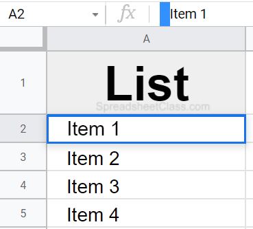 An example of how to indent in Google Sheets basic method