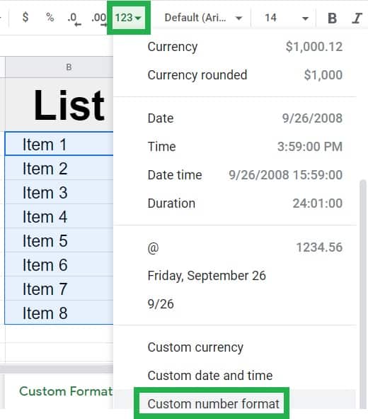 An example of how to indent in Google Sheets with custom number formatting part 1 accessing the menu