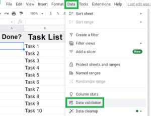 An example of how to insert a checkbox with data validation in Google Sheets