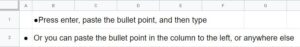 An example of how to insert bullet point in Google Sheets by copying and pasting the bullet point character