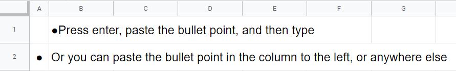 An example of how to insert bullet point in Google Sheets by copying and pasting the bullet point character